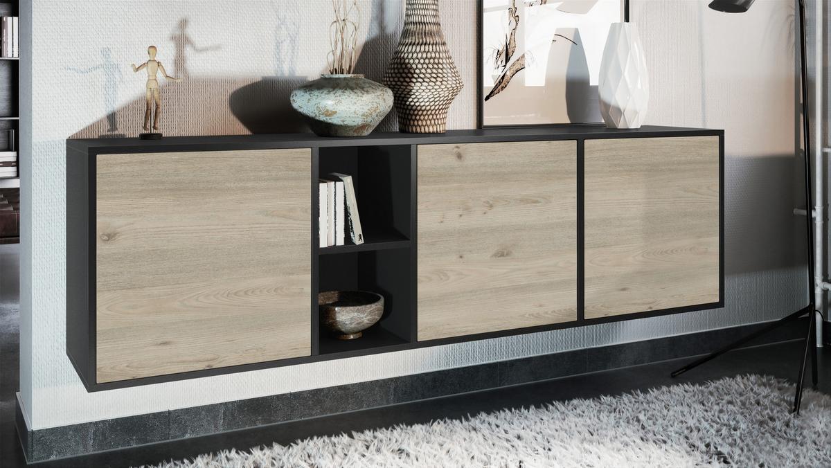 SIDEBOARD Cuba Türen in Eiche Nordic - Silbereichenfarben, Holzwerkstoff (182/53/35cm) - Vladon