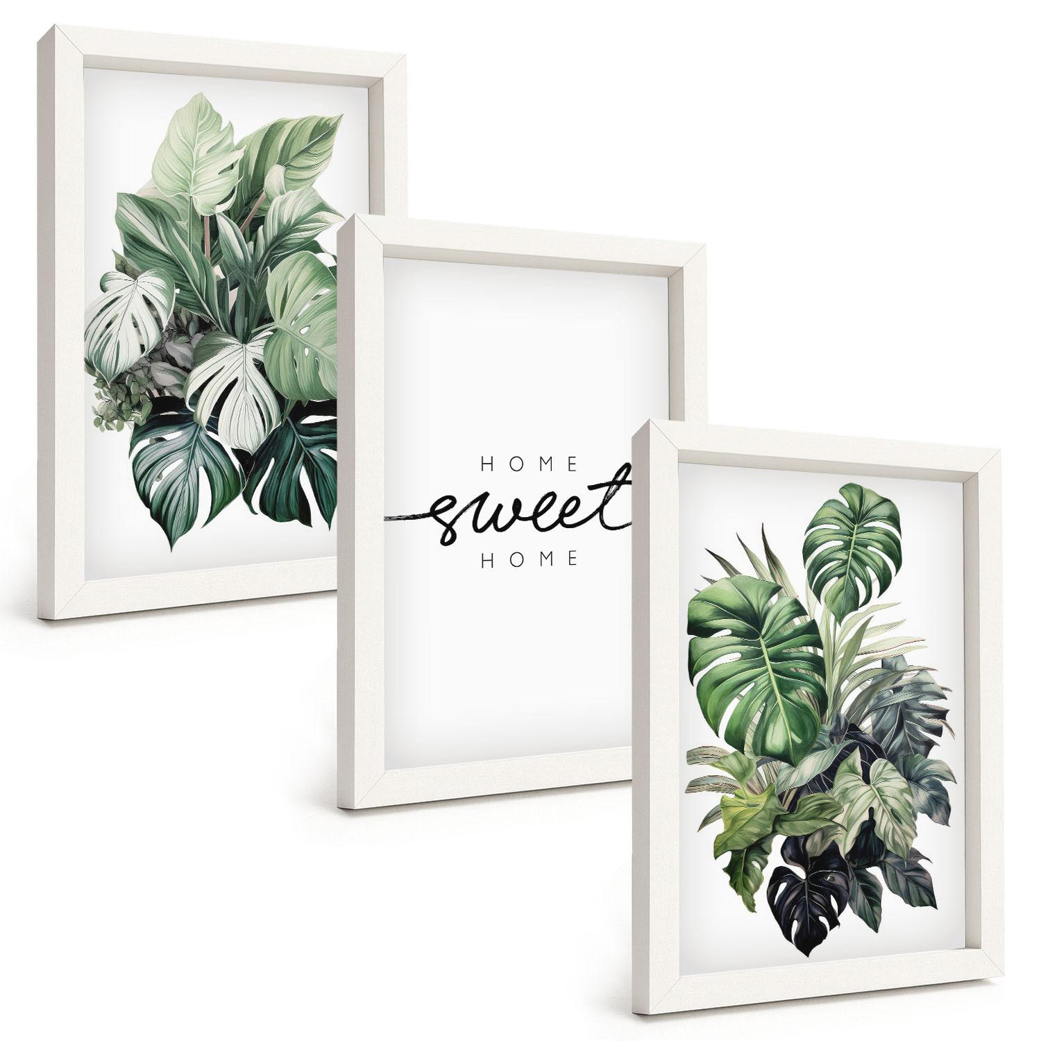 BILDER SET 3er Set - 20x30 cm Weißer Rahmen - Pflanzen mit der Aufschrift „Sweet Home“ - Weiß, Kunststoff (20/30cm) - TULUP