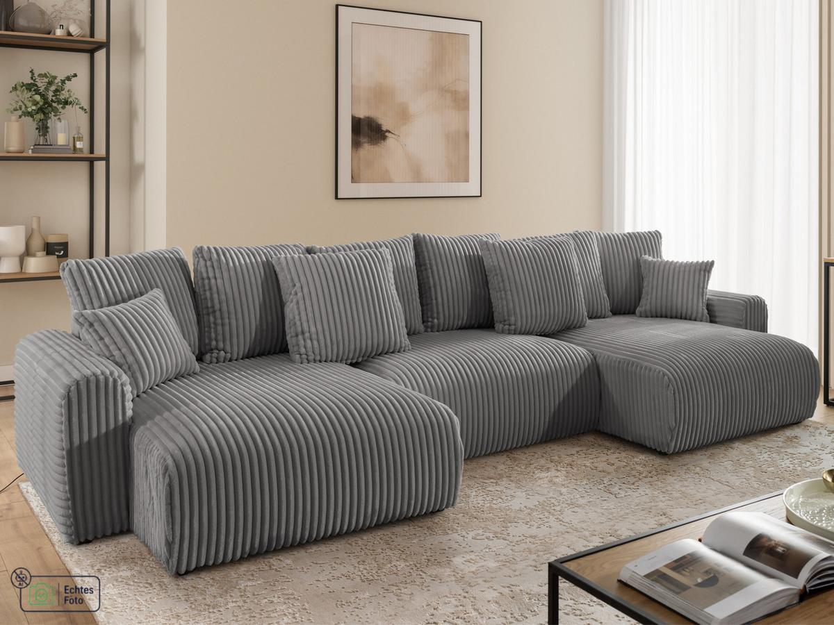 WOHNLANDSCHAFT Calma mit Schlaffunktion und Bettkasten im Bumpy-Design aus weichem Grau Plüschcord - Beige/Schwarz, Holz/Textil (336/88/140cm) - S-Style
