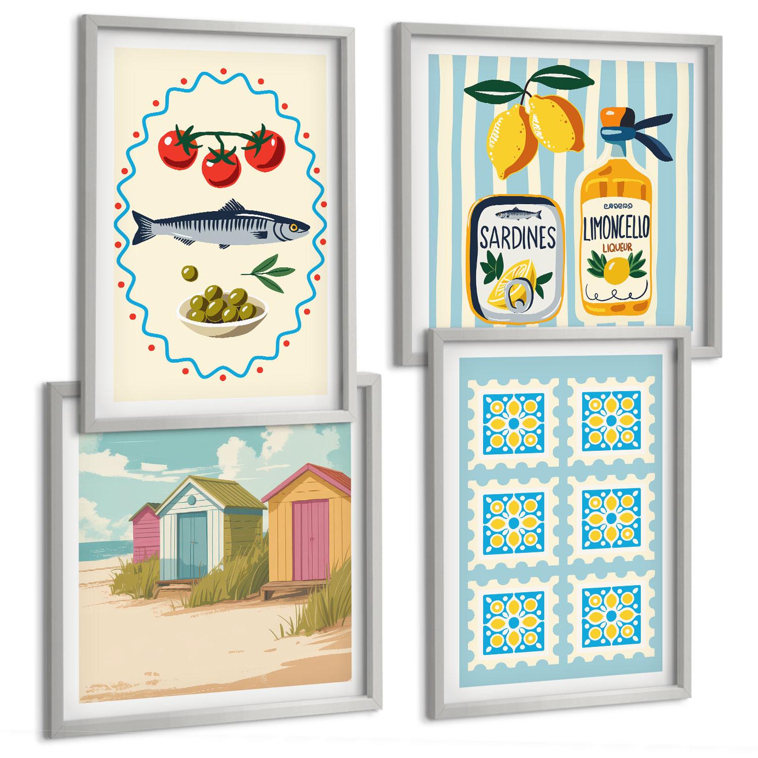 BILDER SET 4er Set - 50x50 cm & 40x60 cm Silberner Rahmen - Illustrationen der mediterranen Küche - Silberfarben, Kunststoff (50/50cm) - TULUP