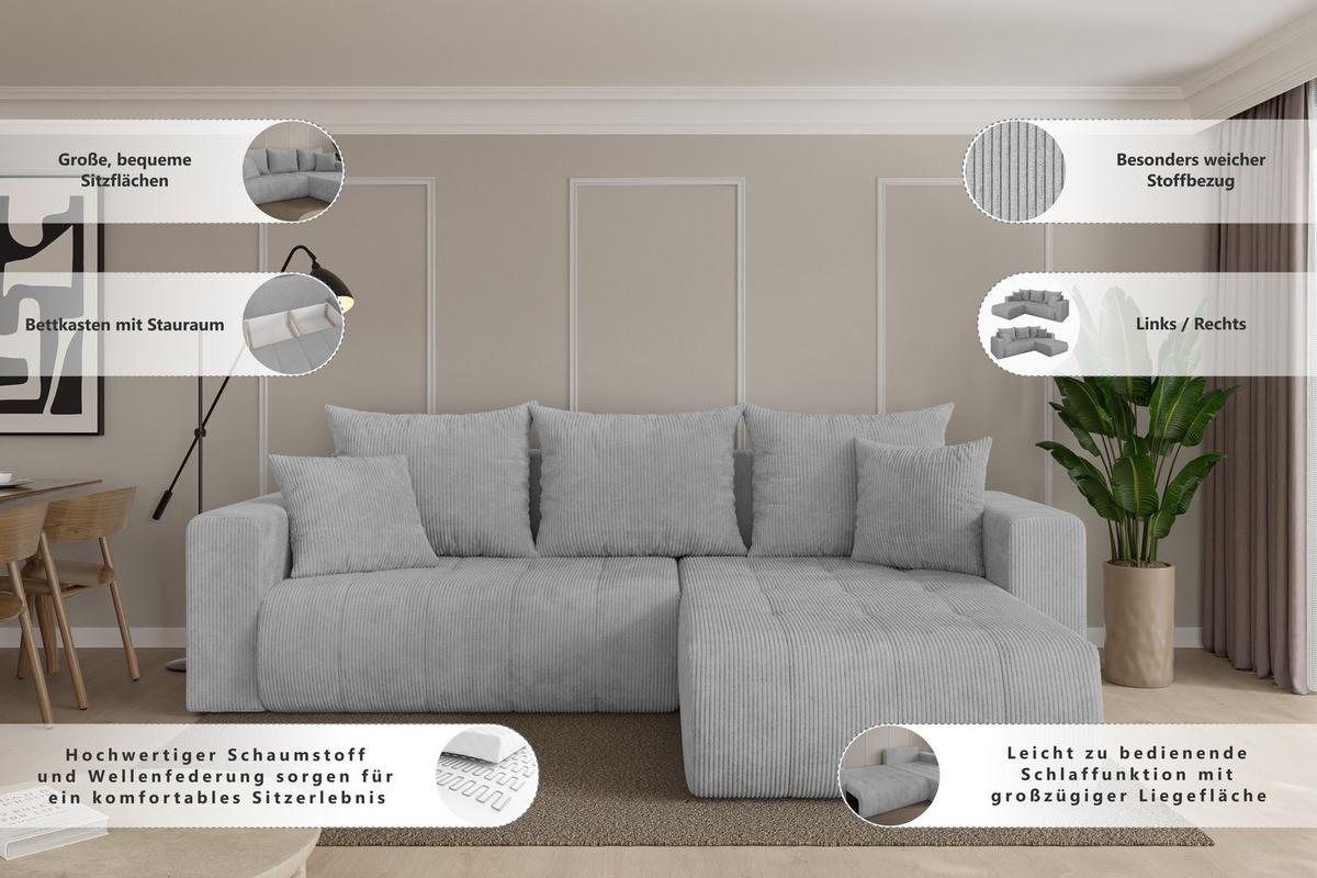 ECKSOFA mit Schlaffunktion Ottomane Links MILA-L 277x194x86 Grau Velours - Taupe/Schwarz, Holzwerkstoff/Kunststoff (277/194cm) - ALTDECOR