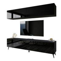 WOHNWÄNDE AURA PUSH-OPEN Schwarz Hochglanz – Füße in Schwarz - Schwarz Hochglanz/Schwarz, Holzwerkstoff (200/49/40cm) - Lookway