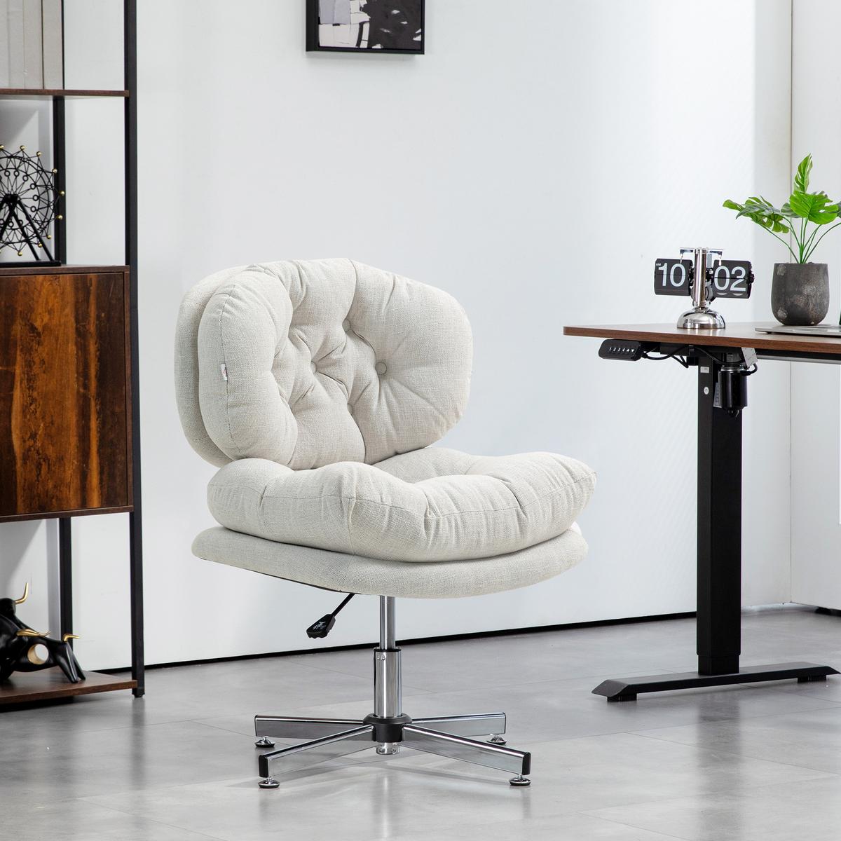 BÜROSTUHL, Gepolsterter Schneidersitz-Stuhl mit Leinenoptik, Cremeweiß - Silberfarben/Creme, Textil/Metall (65/94/65cm) - HOMCOM