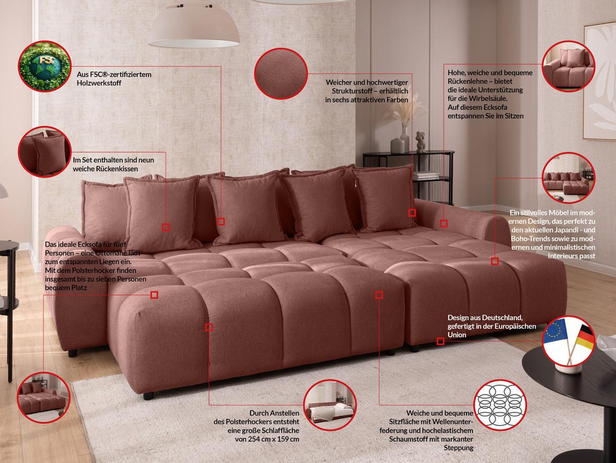 ECKSOFA inkl. Hocker Bubble mit Schlaffunktion und losen Rückenkissen, Sitzfläche Bubble-Optik aus weichem Terrakotta Strukturstoff - Ottomane Rechts - Terracotta/Schwarz, Holz/Kunststoff (306/180cm) - S-Style Möbel