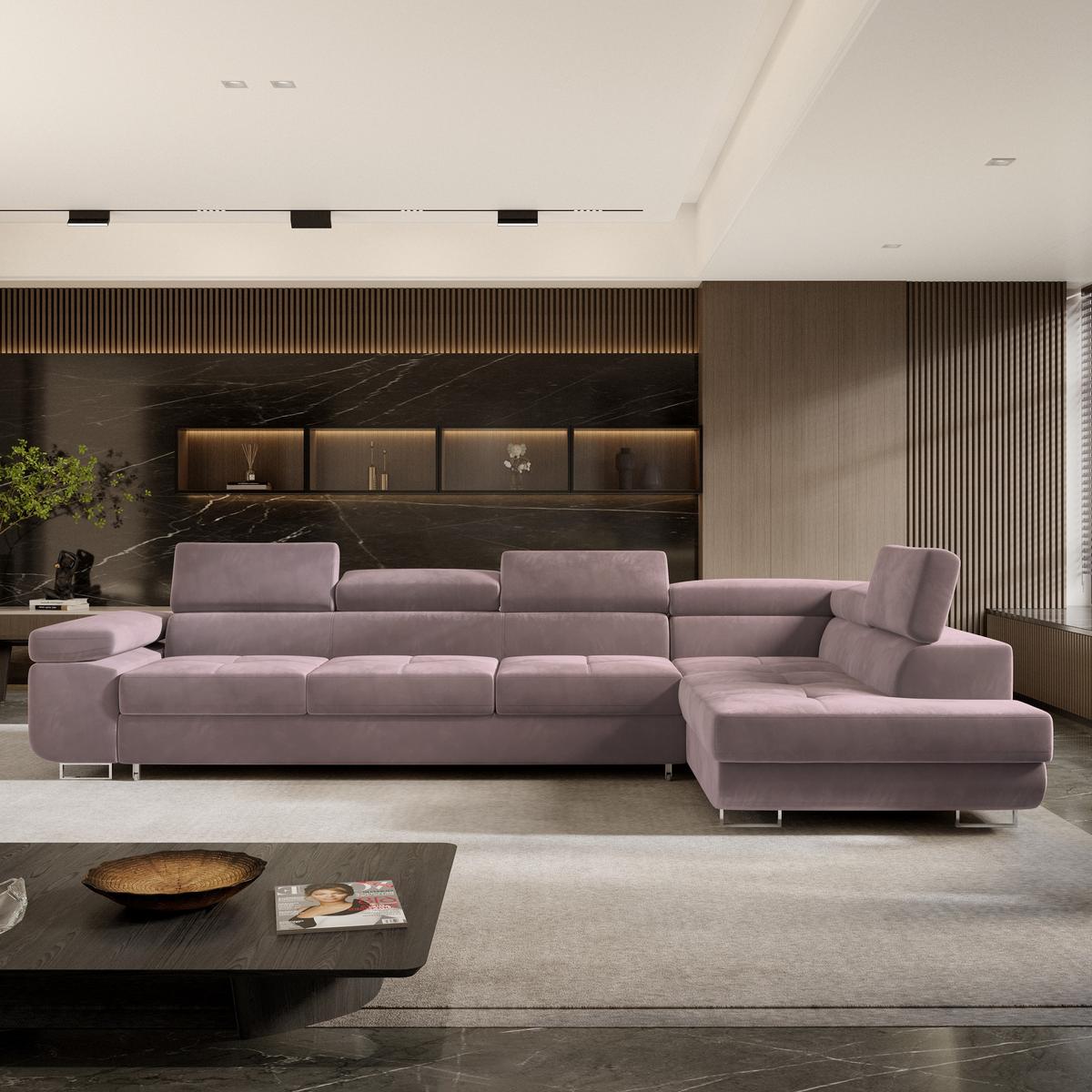 ECKSOFA VICENTE Lila Velours-Stoff mit Schlaffunktion - Lila, Holz (346/202cm) - MASSENO