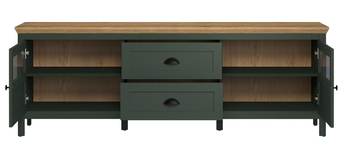 TV-LOWBOARD grün, Evoke Eiche Landhaus 184 x 64 cm, TV Unterteil inklusive LED Beleuchtung - Eichefarben/Schwarz, Holzwerkstoff/Kunststoff (184/64/45cm) - Top.Furn