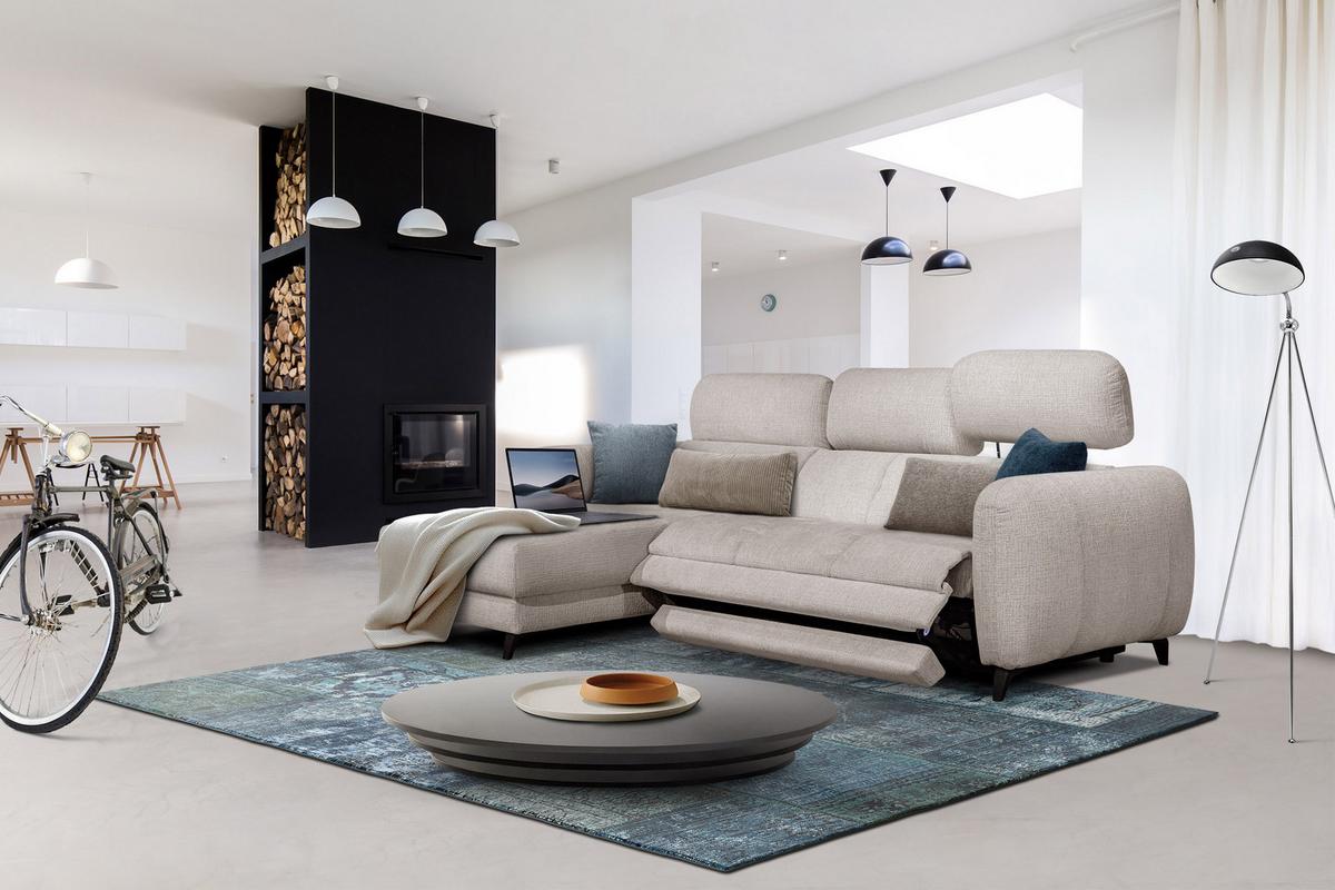ECKSOFA SVEN 3-Sitzer, 1 Relax XL, verstellbare Kopfstützen, creme - Creme/Schwarz, Holzwerkstoff/Textil (256/163cm) - Wozimo