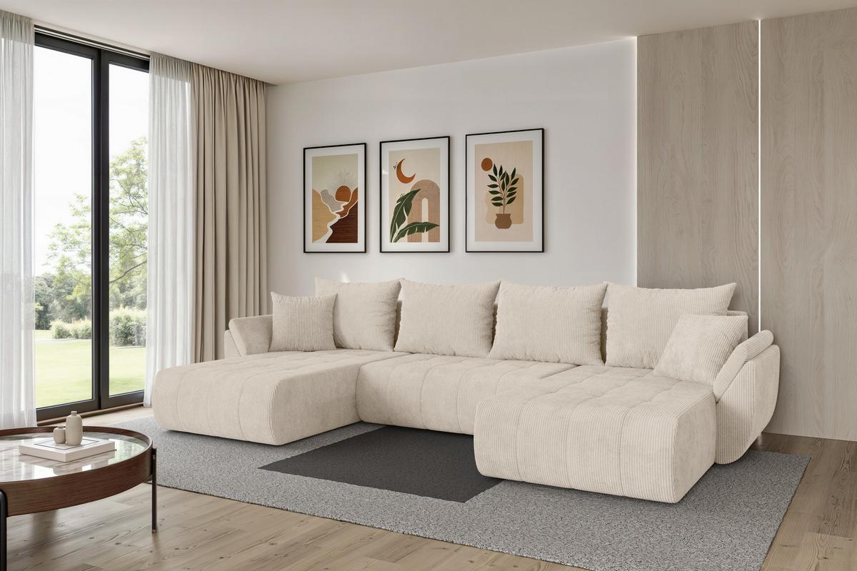 WOHNLANDSCHAFT mit Schlaffunktion und Bettkasten TOKO-U 378x194x86 Beige Cord - Beige/Schwarz, Holzwerkstoff/Kunststoff (378/86/194cm) - ALTDECOR