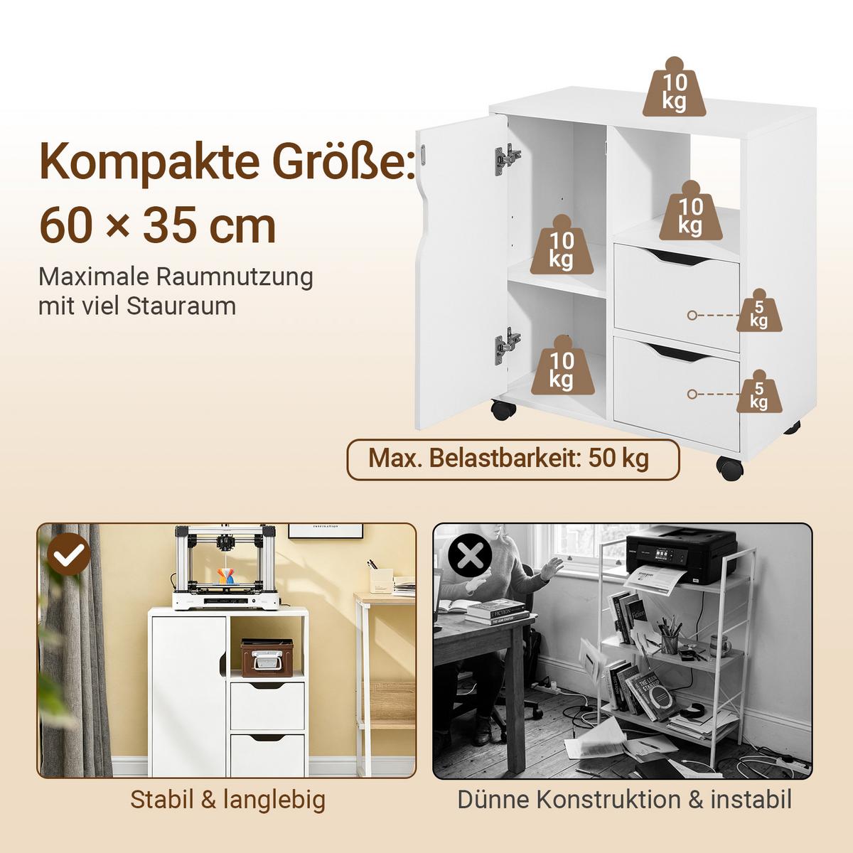 ROLLCONTAINER, Druckerschrank auf Rollen, 60x70x35 cm, weiß, 2 Schubladen, Türfach und offenes Fach, für Büro, Homeoffice & 3D-Drucker - Weiß, Holzwerkstoff (60/70/35cm) - SoBuy