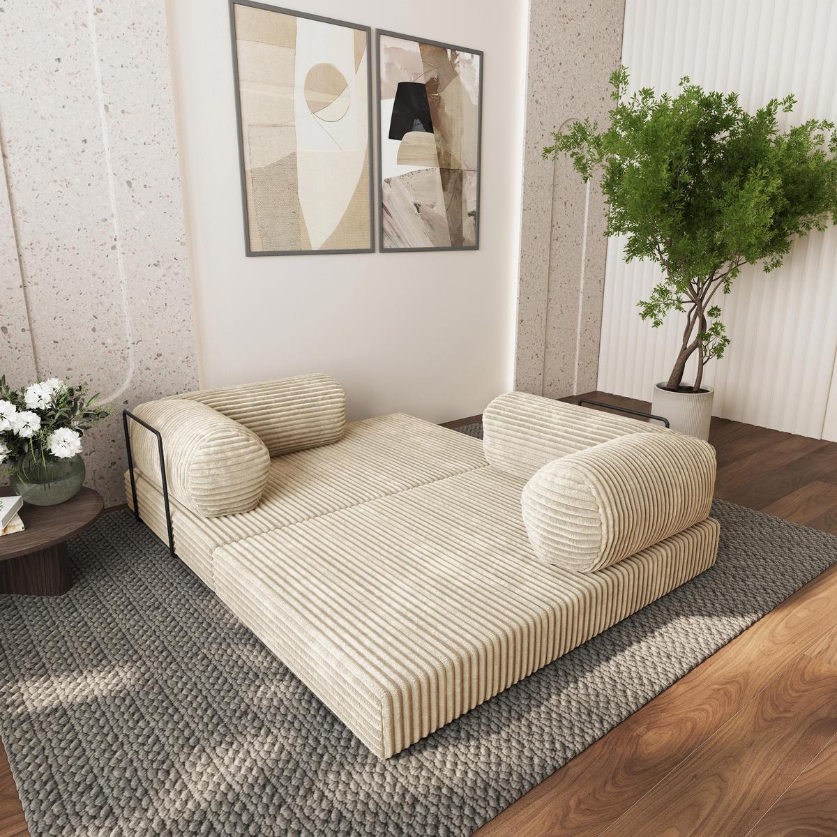 ECKSOFA ETERA modulares Boneless Sofa mit Schlaffunktion Creme Cordstoff - Creme, Textil (270/160cm) - MASSENO