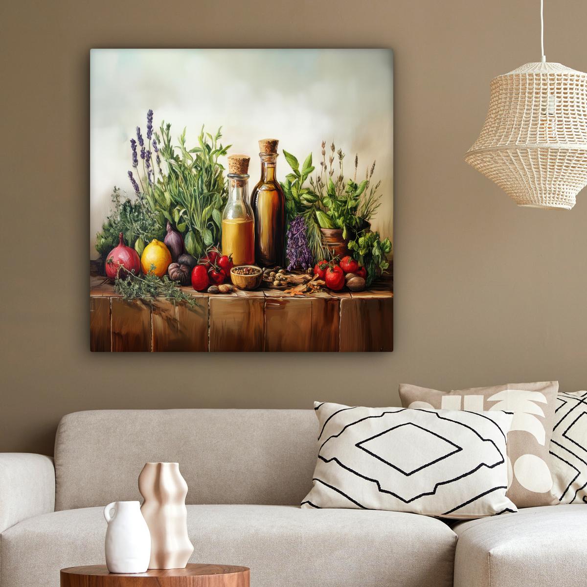 LEINWANDBILD Stilleben - Kräuter - Gewürze - Früchte - Farbenfroh Deko Groß 90x90 cm - Grün, Textil (90/90cm) - MuchoWow