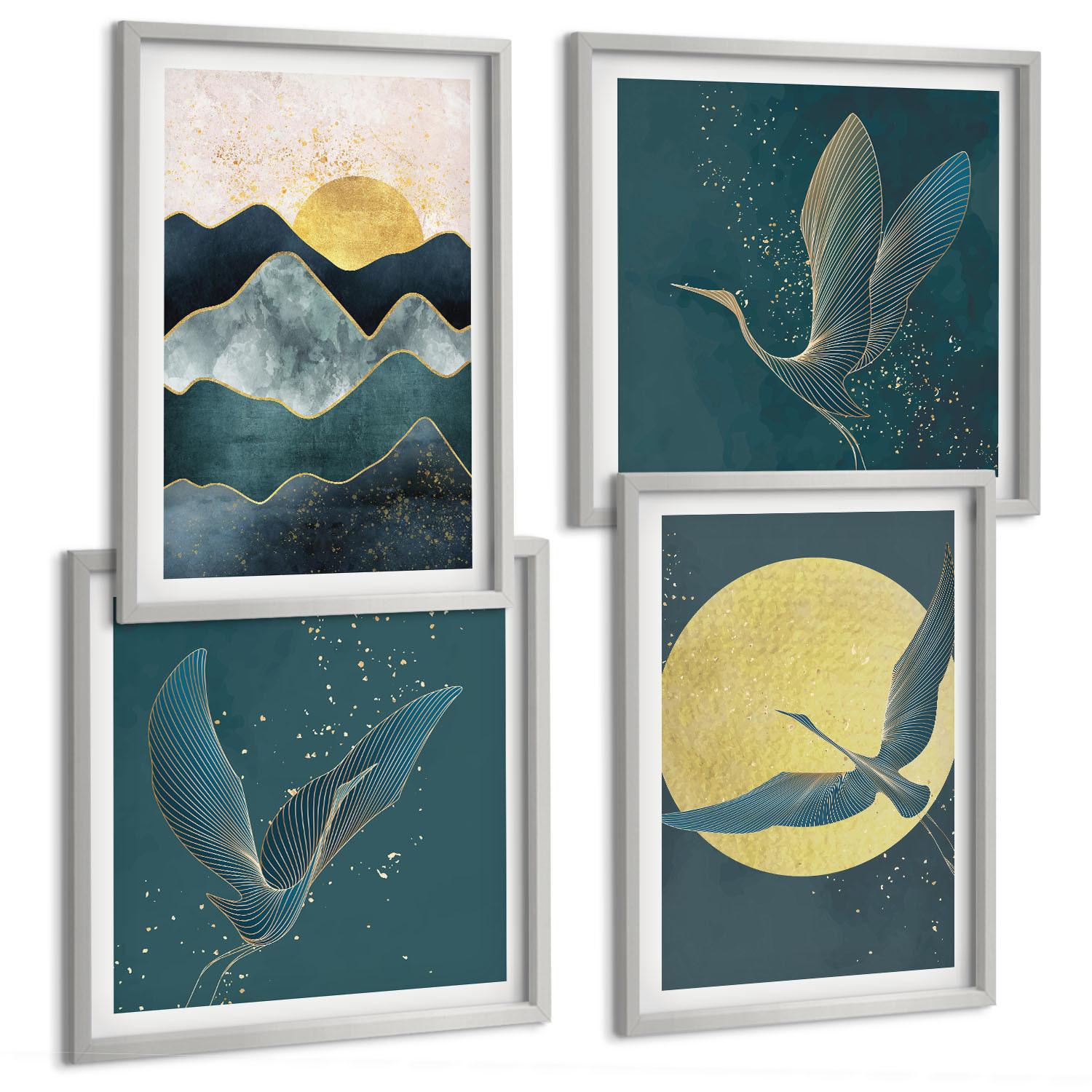 BILDER SET 4er Set - 50x50 cm & 40x60 cm Silberner Rahmen - Vögel, Kraniche, Mond, Berge - Silberfarben, Kunststoff (50/50cm) - TULUP