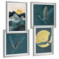BILDER SET 4er Set - 50x50 cm & 40x60 cm Silberner Rahmen - Vögel, Kraniche, Mond, Berge - Silberfarben, Kunststoff (50/50cm) - TULUP