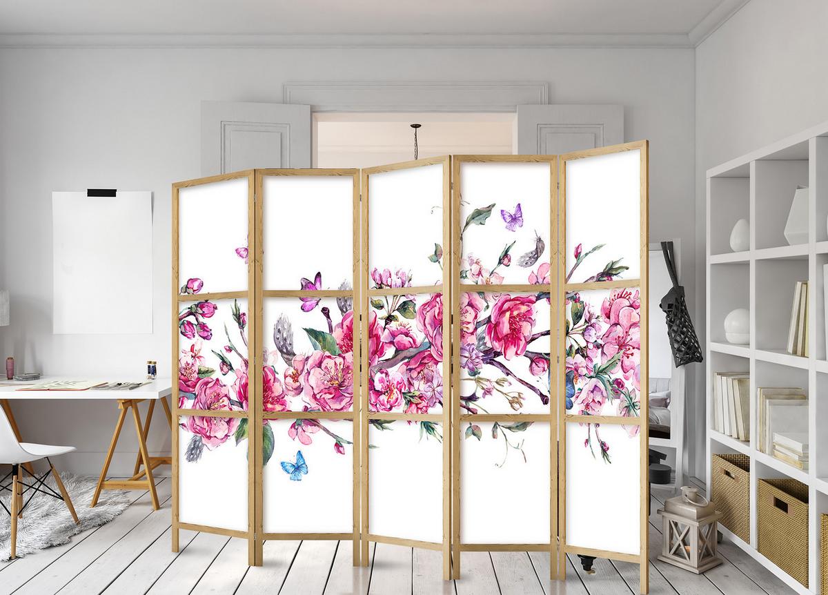 PARAVENT Japanischer 5-tlg 225x172 cm Bunte Blumen - Multicolor, Holz/Textil (225/172/3cm) - Muralo