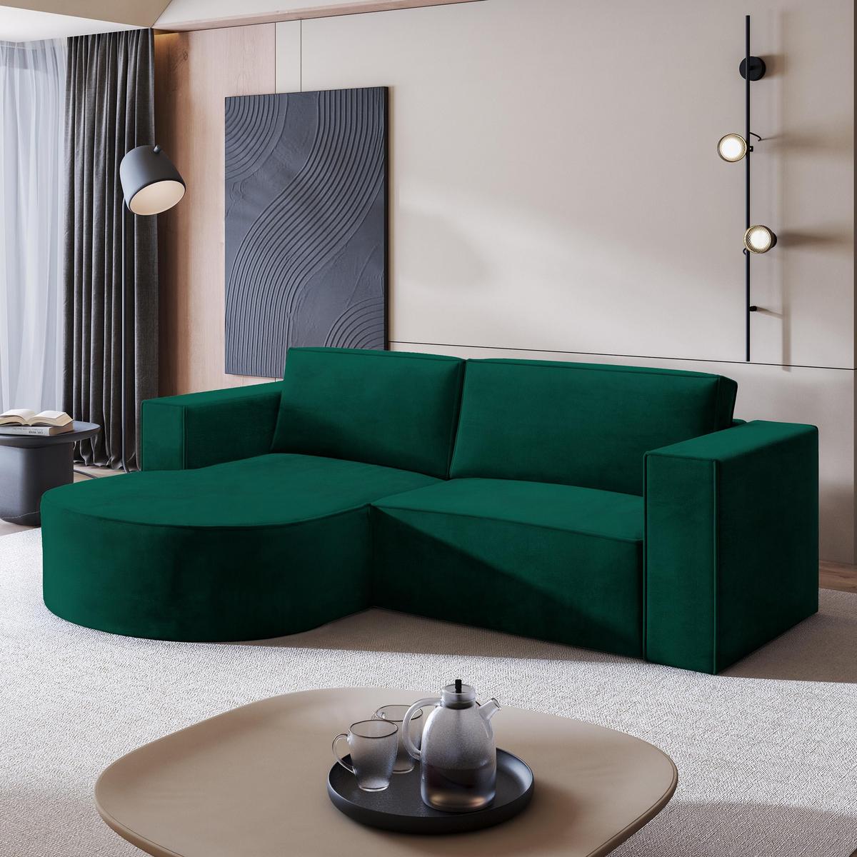 ECKSOFA SORELA M L-S Grün Velours-Stoff mit Schlaffunktion - Grün, Holz (263/174cm) - MASSENO