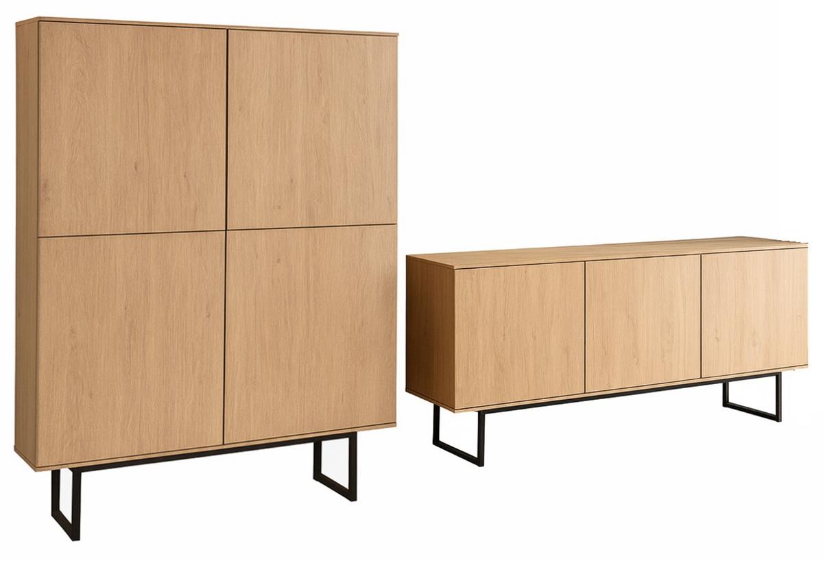 WOHNWAND Stone Eiche, Wohnkombination 2-teilig 280 cm, mit Push-to-Open - Eichefarben/Schwarz, Holzwerkstoff/Metall (280/137/40cm) - Furn.Design