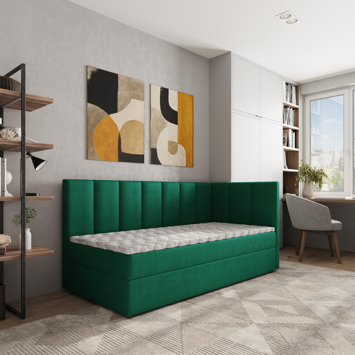 BOXBETT BEVE 90x200 cm mit Matratze und Topper, H2+H3 - Grün - Grün, Holz (90/200cm) - MASSENO