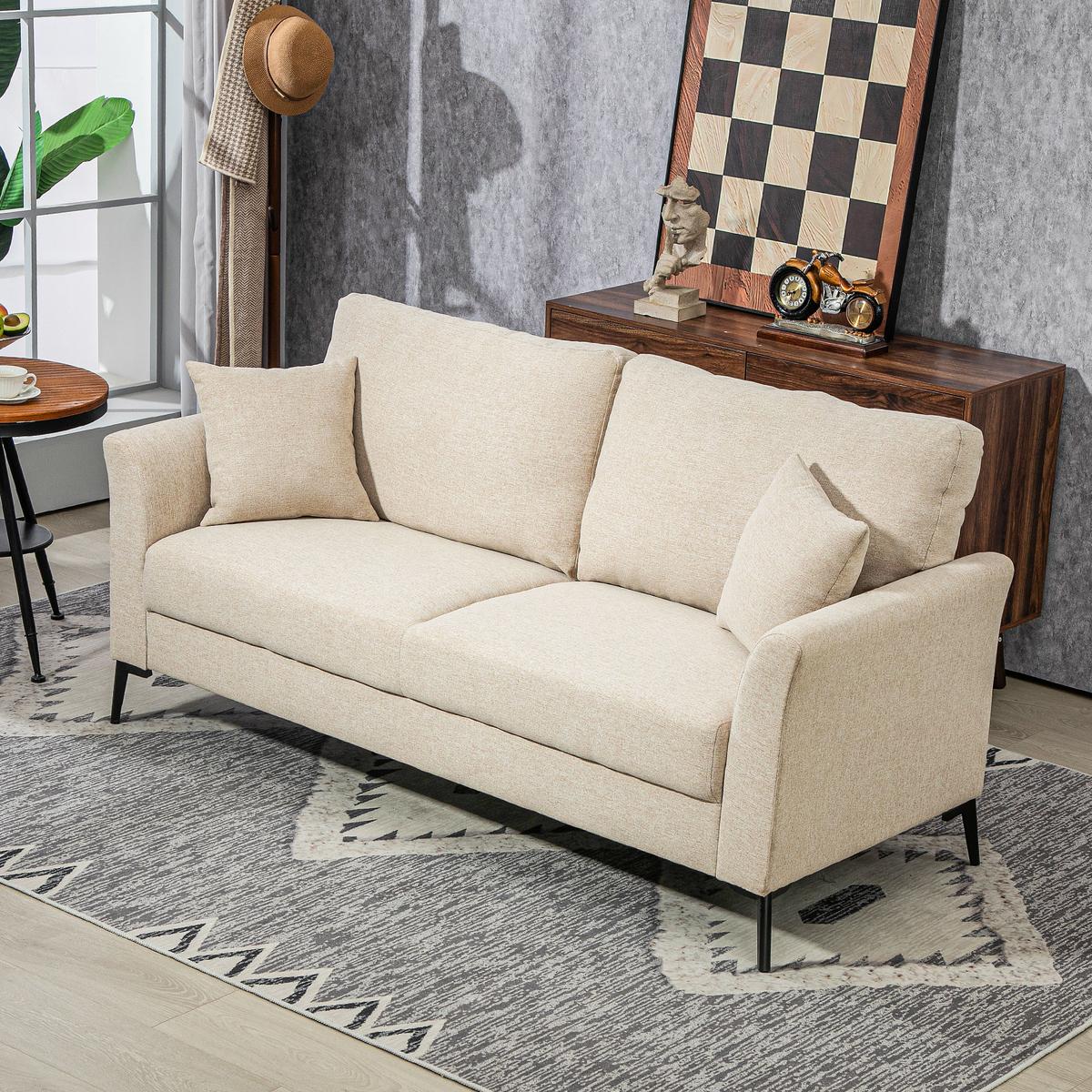 2-SITZER-SOFA, Couch mit Leinenoptik, Metallbeine, Polstersofa Doppelsofa - Beige/Schwarz, Textil/Metall (80/89/179cm) - HOMCOM