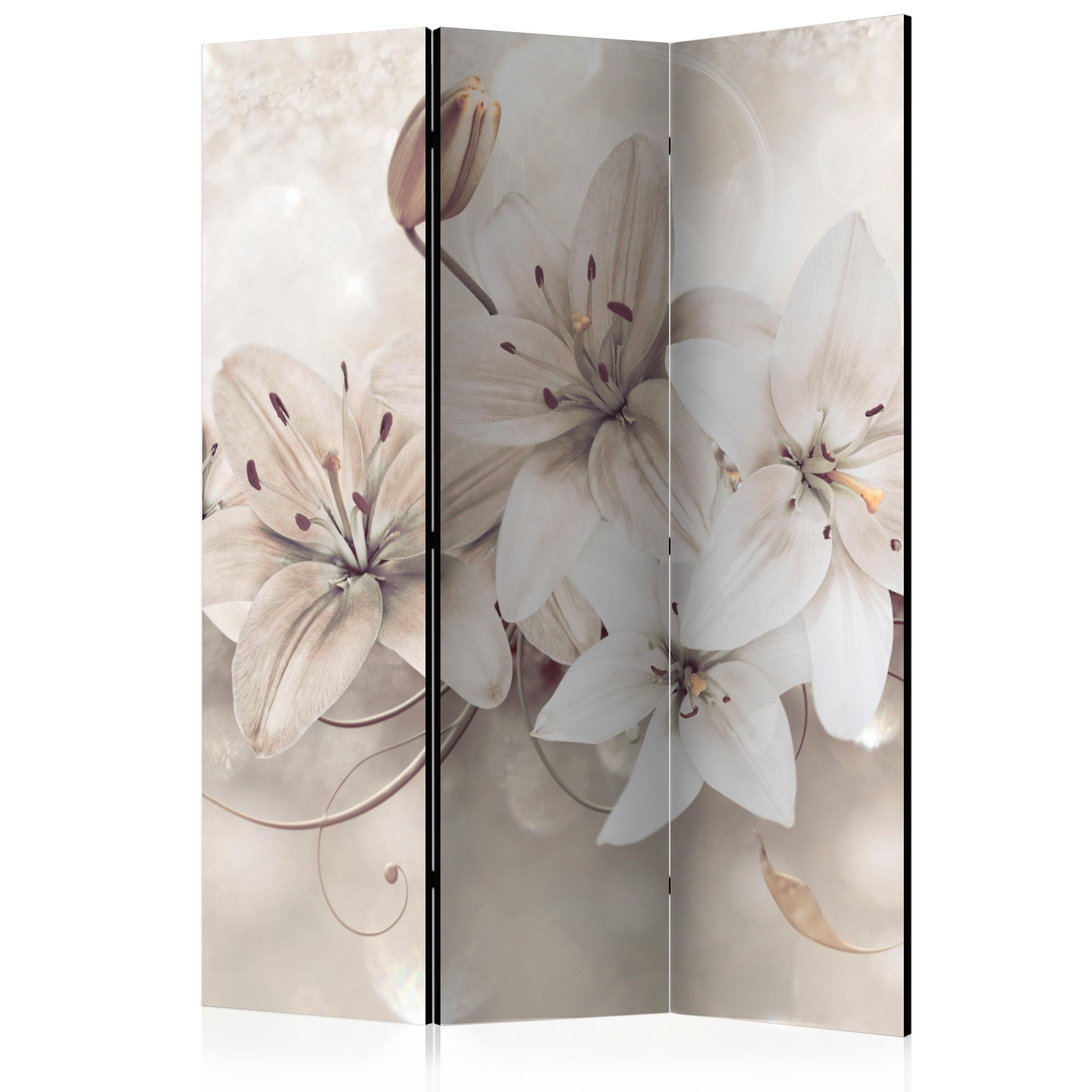 PARAVENT Akustik 3-tlg 135x172 cm Wei e Lilienbl ten Abstraktion - Beige, Holz/Textil (135/172/3cm) - Muralo