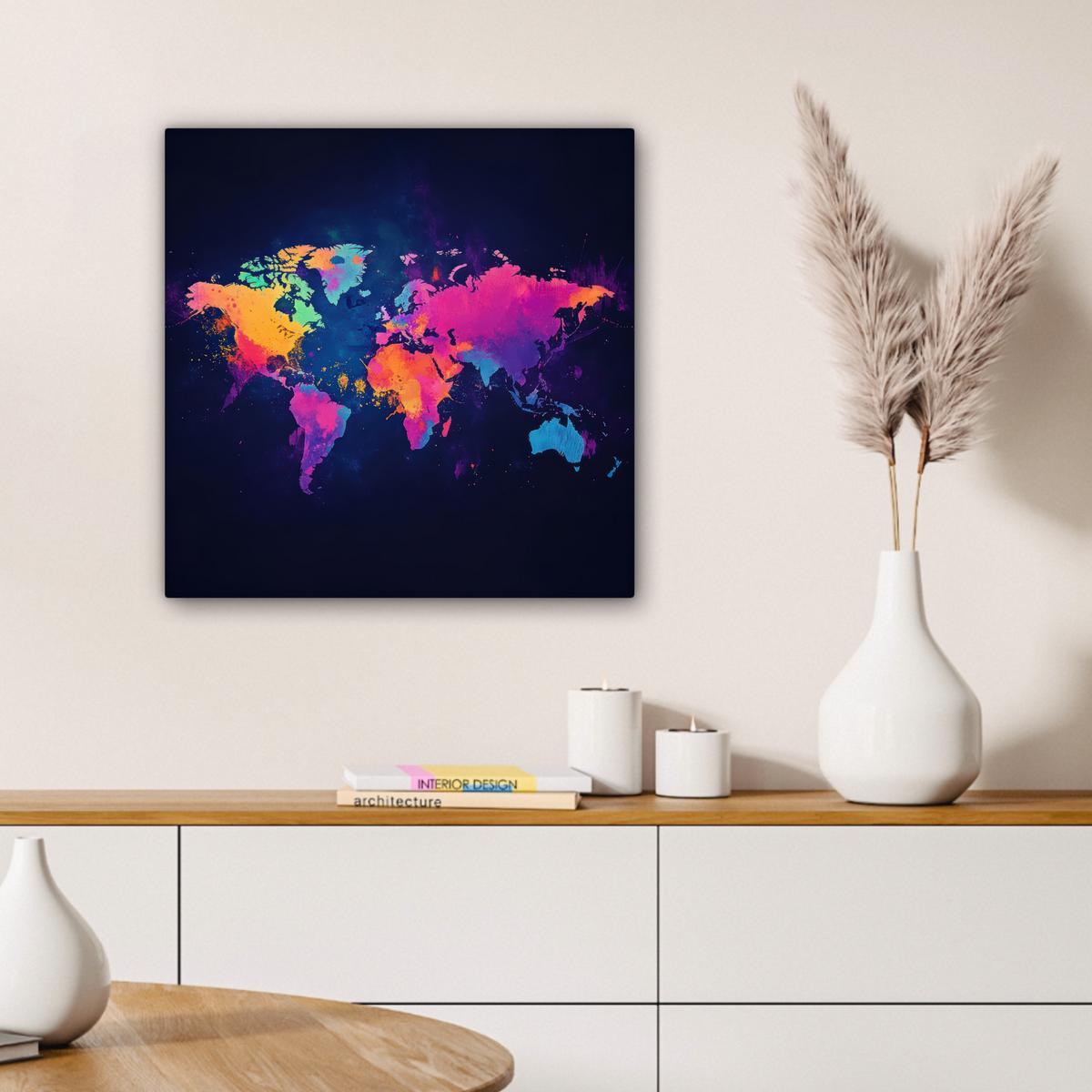 LEINWANDBILD Weltkarte - Bunt - Graffiti Wandbild Wohnzimmer 50x50 cm - Multicolor, Textil (50/50cm) - MuchoWow