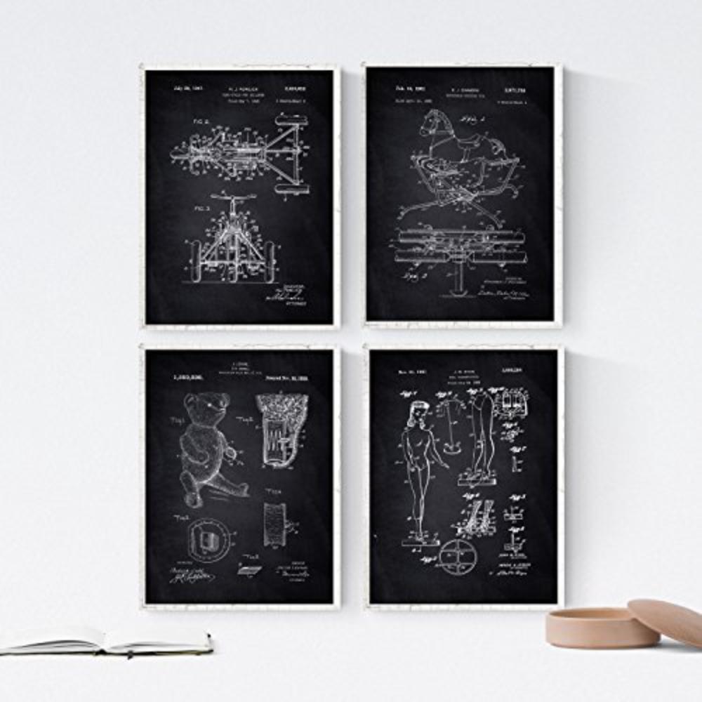 POSTER Set mit 4 Schwarz Kinderspielzeug Patent Stil von Puppen und Spielen A4 Rahmenlos - Klar, Papier (29.7/3cm) - Nacnic