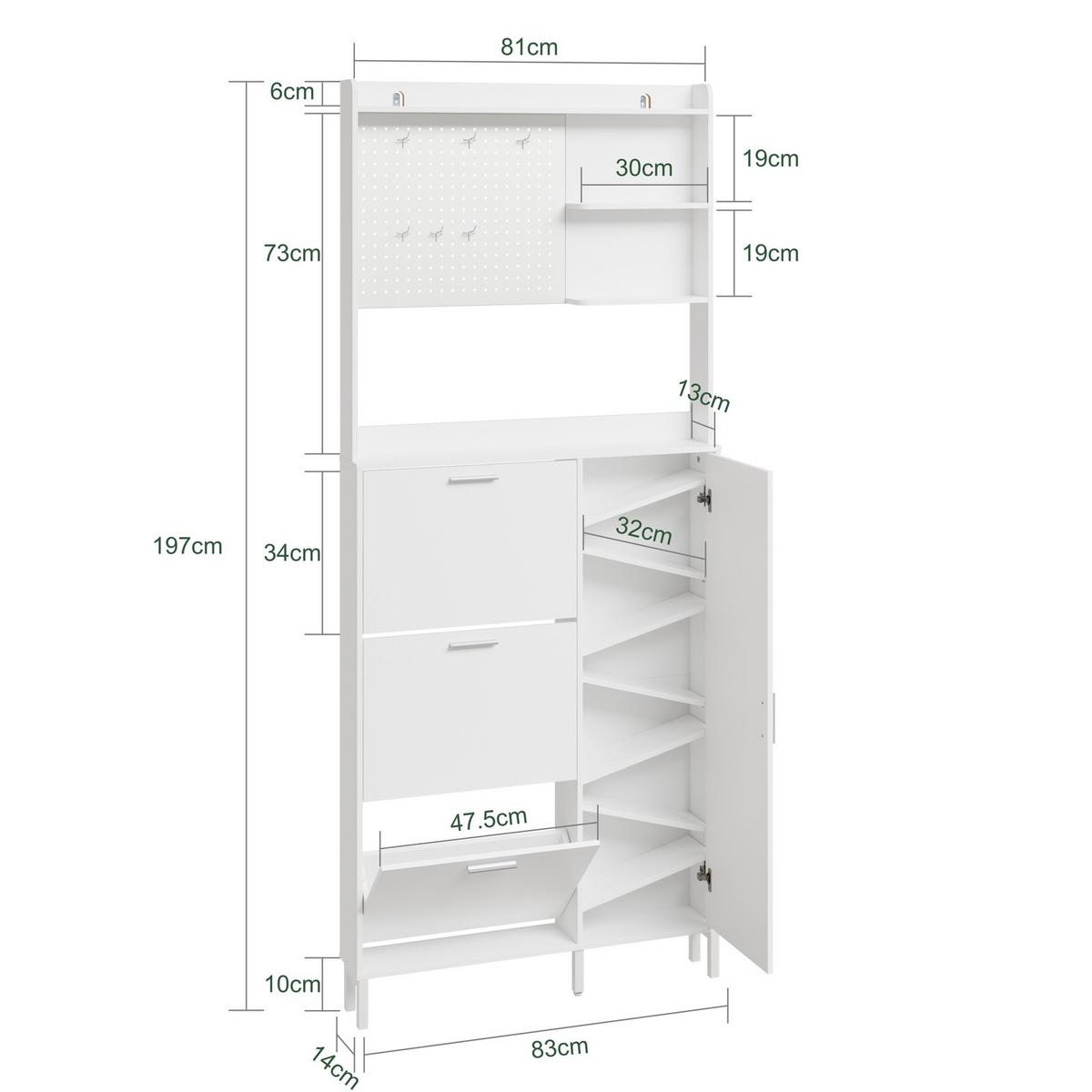 SCHUHSCHRANK mit Pegboard und Schubladen FSR232-W - Weiß, Holzwerkstoff/Kunststoff (83/197/14cm) - SoBuy