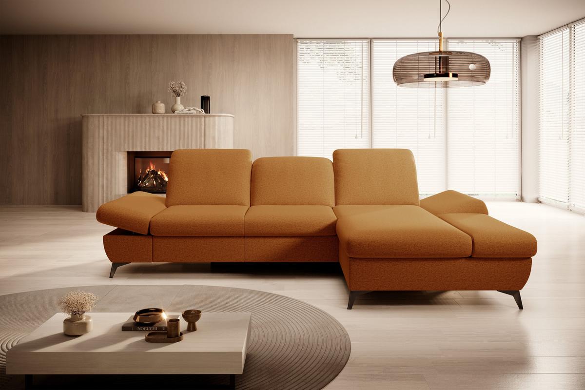 ECKSOFA FELICE R-S Orange Geflochtener Stoff mit Schlaffunktion - Orange, Holz (284/166cm) - MASSENO