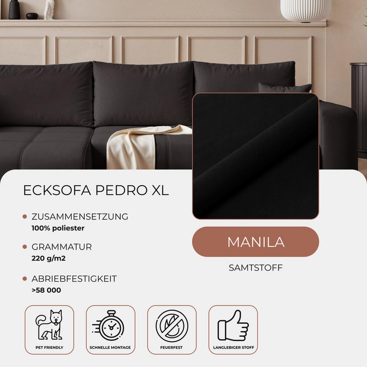 ECKSOFA PEDRO mit Schlaffunktion und Bettkasten Anthrazit - Schwarz, Holzwerkstoff/Textil (278/145cm) - Idohome