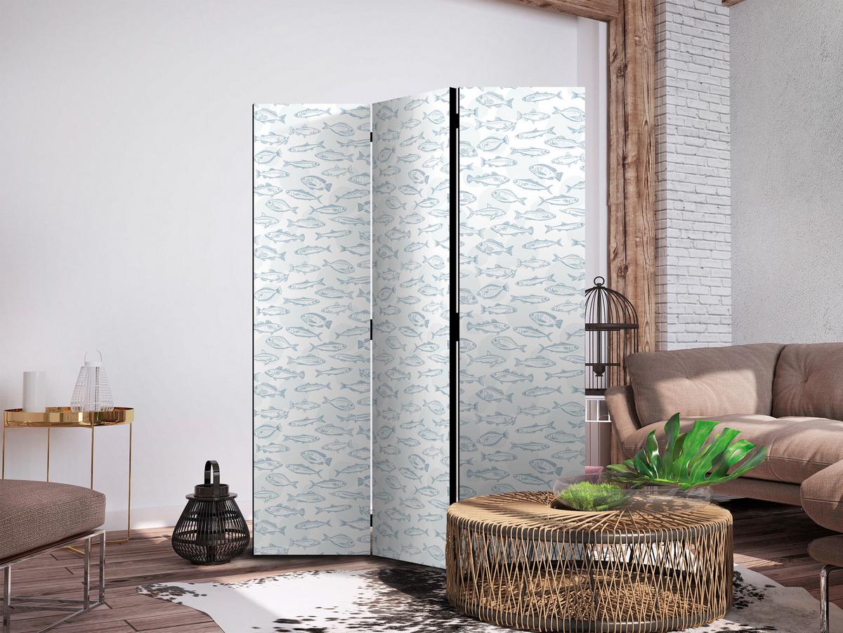 PARAVENT Akustik 3-tlg 135x172 cm Blaue Fische Im Boho Stil - Blau, Holz/Textil (135/172/3cm) - Muralo