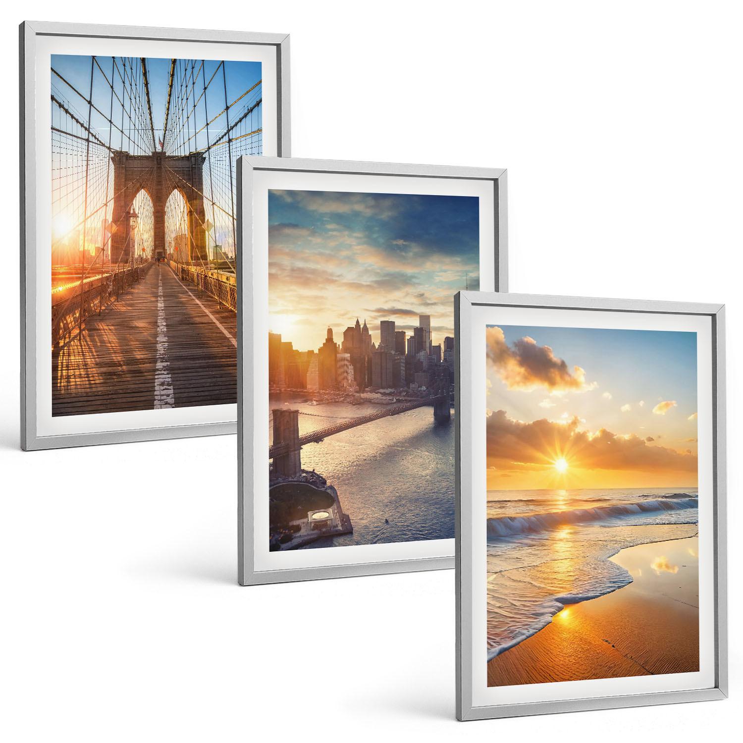 BILDER SET 3er Set - 40x60 cm Silberner Rahmen - Brücken, Sonnenuntergänge, Stadt - Silberfarben, Kunststoff (40/60cm) - TULUP
