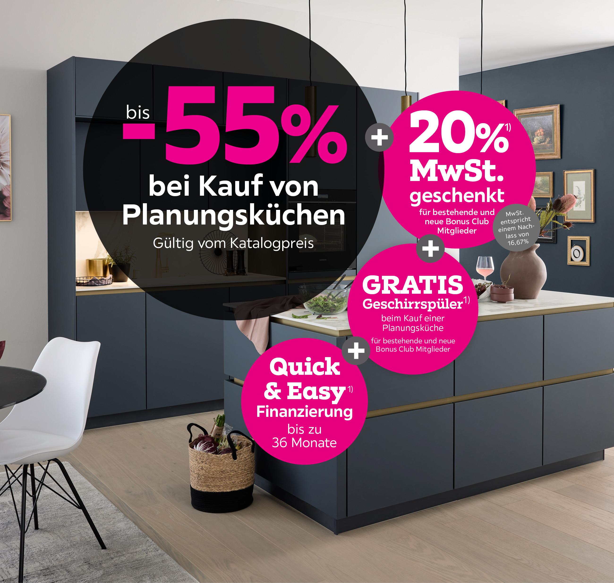 -55% bei Kauf von Planungsküchen + 20% MwSt. geschenkt