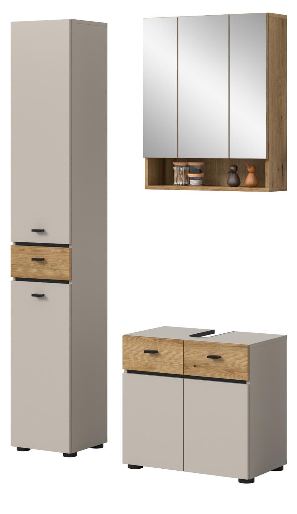 BADMÖBEL-SET Kaschmir, Evoke Eiche 3-teilig 107 cm, Komplettset mit viel Stauraum - Kaschmir/Eichefarben, Glas/Holzwerkstoff (107/191/35cm) - Inn.Furn