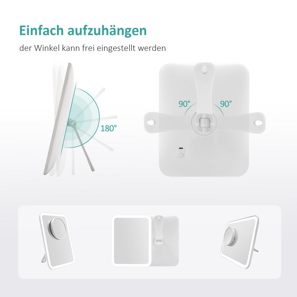 KOSMETIKSPIEGEL mit Licht mit Abnehmbare Saugnapfes, Weiß, 23,3/18 cm - Weiß, Glas (23.3/23.3/18cm) - EMKE