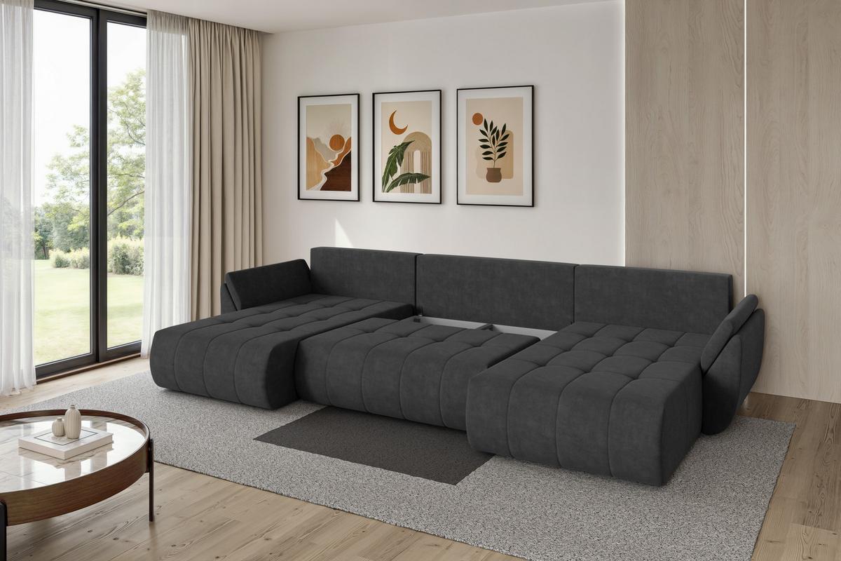 WOHNLANDSCHAFT mit Schlaffunktion und Bettkasten TOKO-U 378x194x86 Dunkelgrau Velours - Anthrazit/Schwarz, Holzwerkstoff/Kunststoff (378/86/194cm) - ALTDECOR