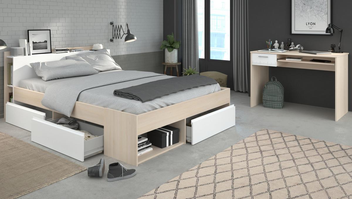 JUGENDZIMMER Set mit Stauraumbett 140 X 200 cm und Schreibtisch - Weiß/Akaziefarben, Holz/Holzwerkstoff (140/79/200cm) - Parisot Meuble