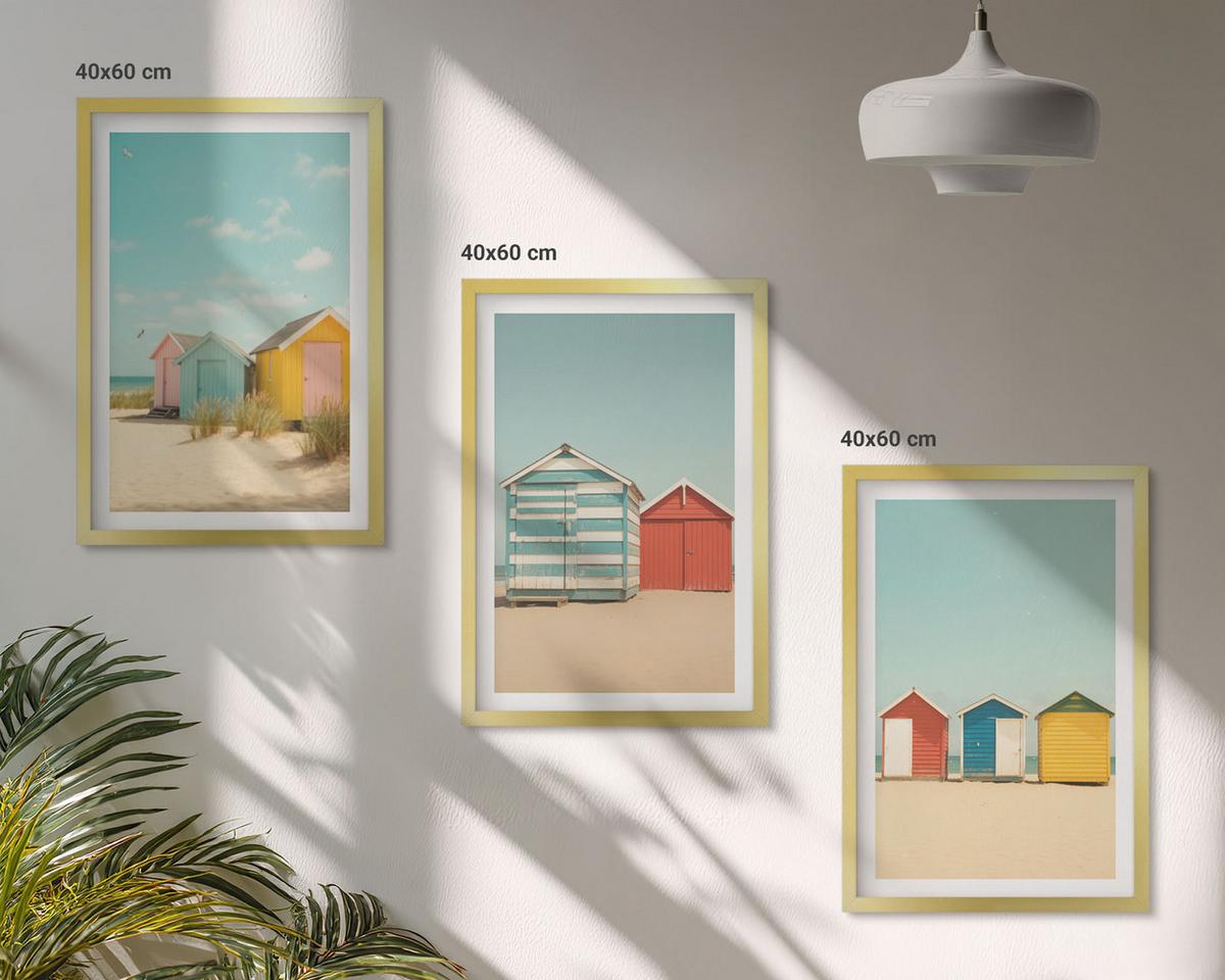 BILDER SET 3er Set - 40x60 cm Goldrahmen - Bunte Häuser, Strand, Sonne - Goldfarben, Kunststoff (40/60cm) - TULUP