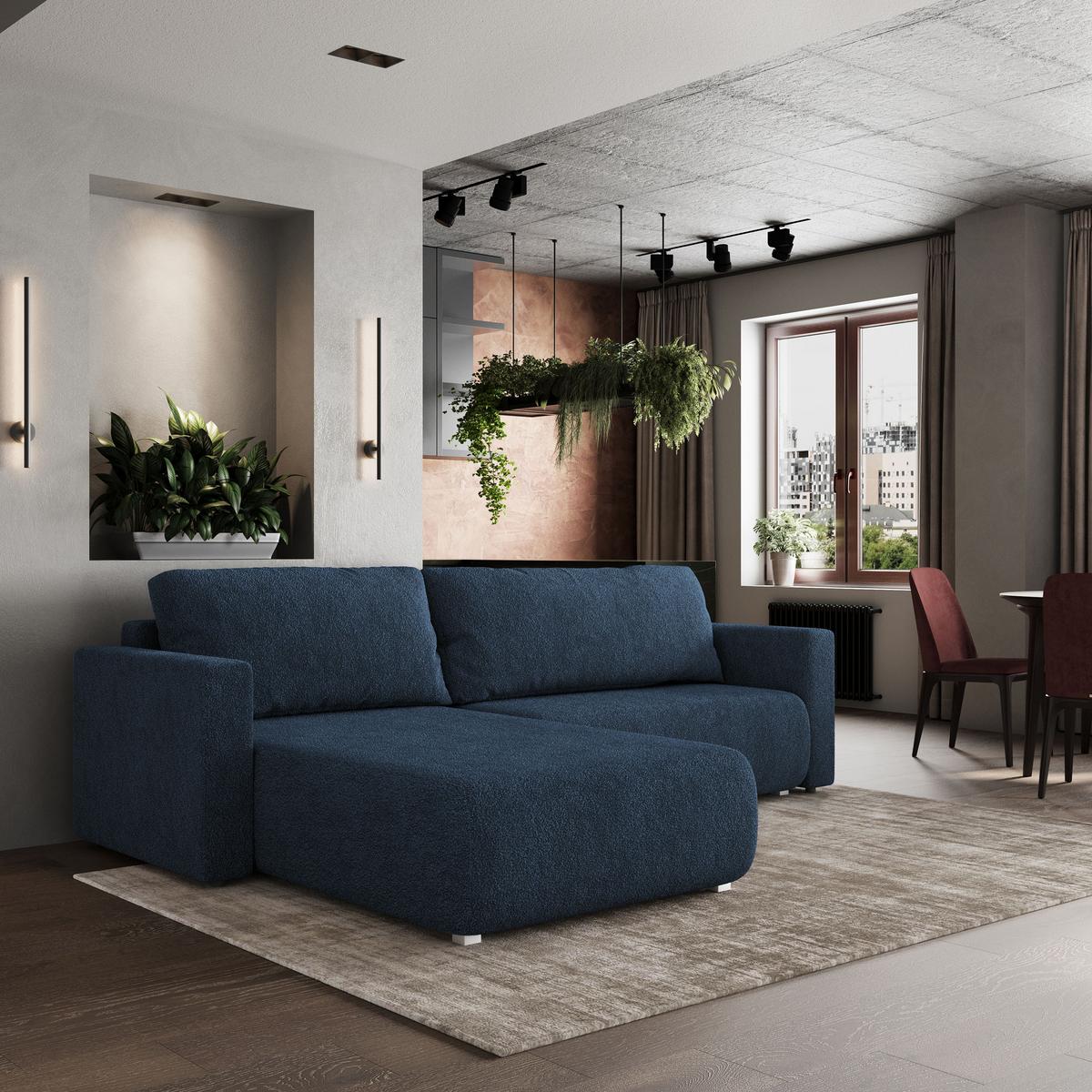 ECKSOFA TURIN N Blau Bucle-Stoff mit Schlaffunktion - Blau/Grau, Holz/Kunststoff (265/183cm) - MASSENO