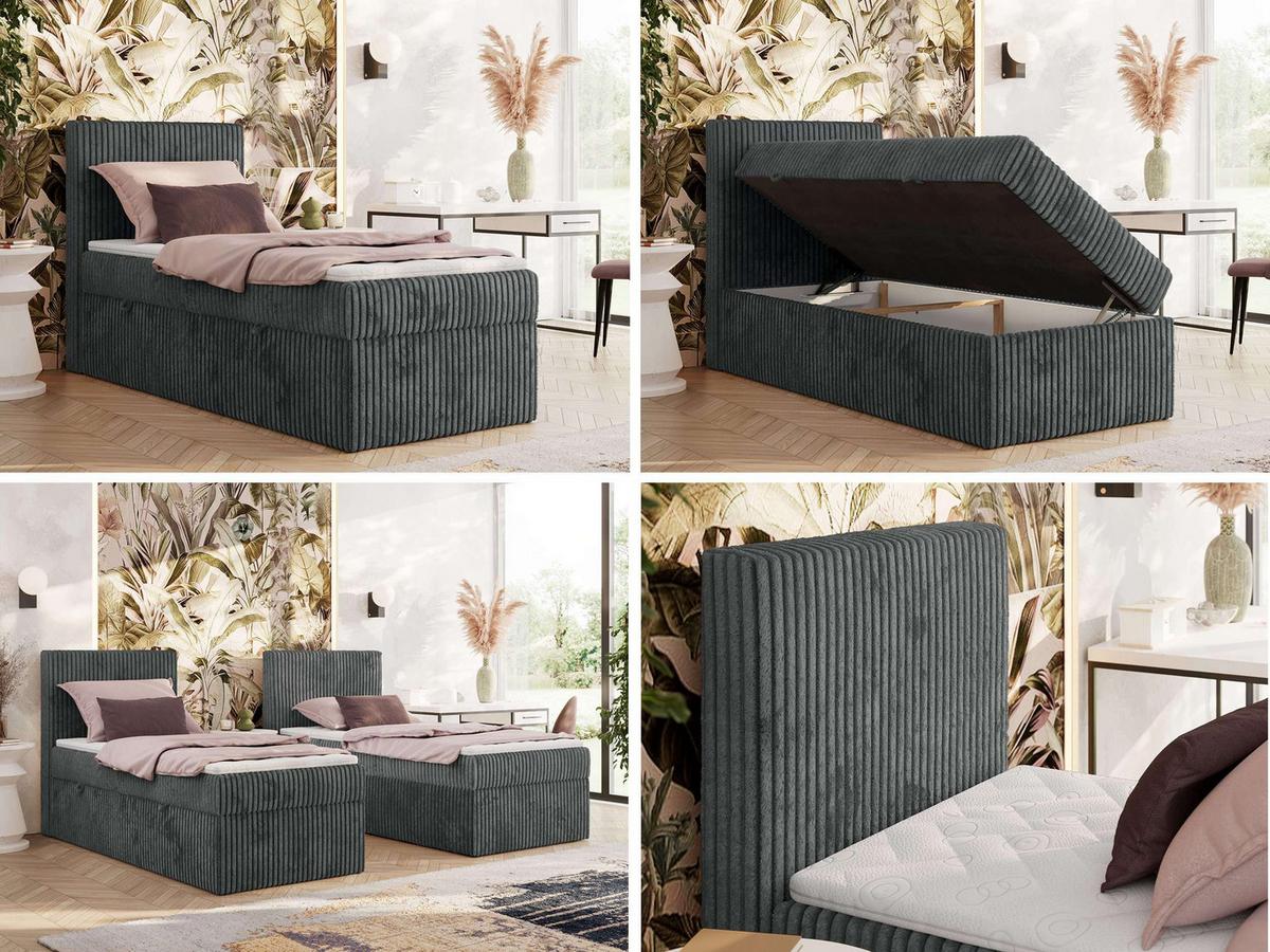 BOXBETT TILIANO 90/200 - Grau Cord - H3 - Visco Topper - Links - Grau, Textil (90/200cm) - MKS
