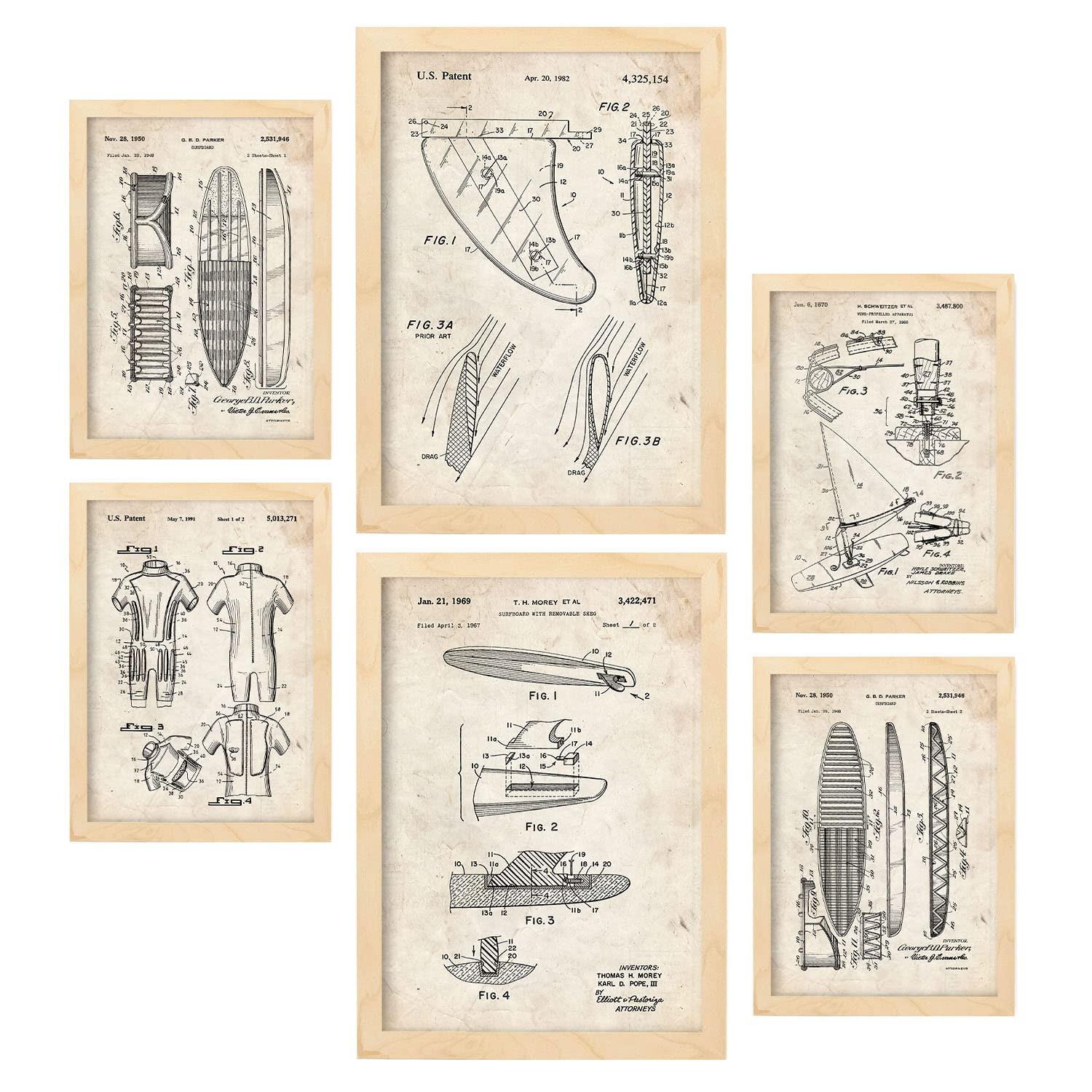 POSTER Set Mit 6 Plakaten Mit Surfen Patenten Im Vintage Stil A3 & A4 Rahmen Aus Hellem Holz - Beige, Papier (29/3cm) - Nacnic