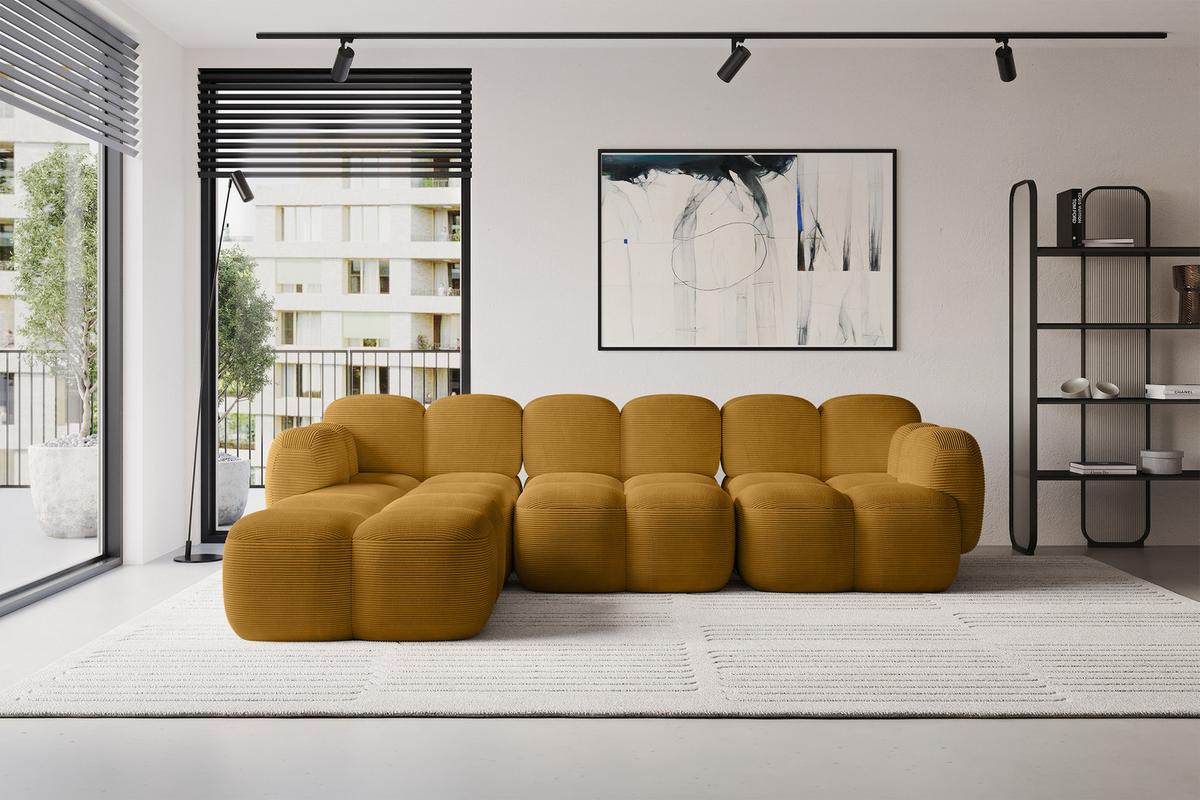 ECKSOFA modulares Sofa Links Miko-L2 302x205x75 Senfgelb Cord - Schwarz/Honig, Holzwerkstoff/Kunststoff (302/205cm) - ALTDECOR