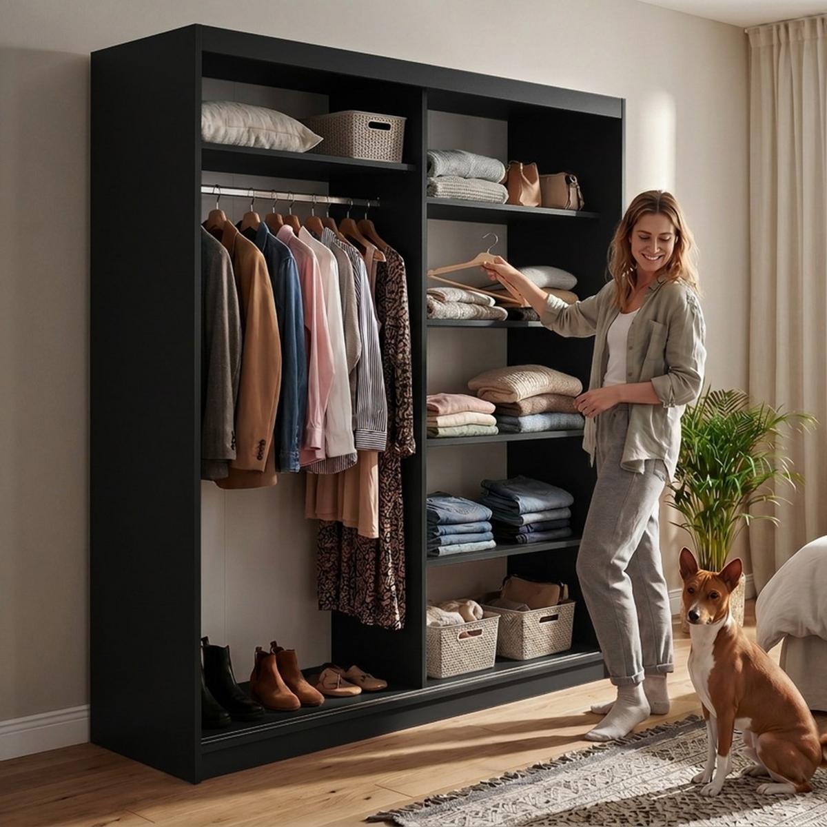 SCHWEBETÜRENSCHRANK Donatello mit 2 Türen. 180 cm, Schwarz+eiche Artisan - Schwarz/Eiche Artisan, Holzwerkstoff (180/205/60cm) - Beautysofa
