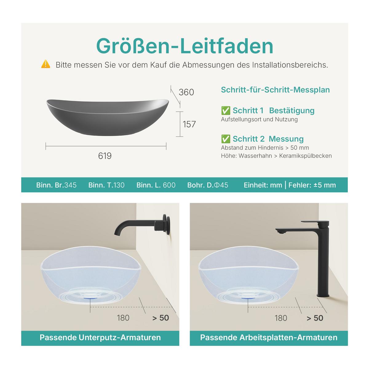 WASCHBECKEN Oval Keramik Mattgrau 61,5 / 36 / 15,5 cm - Grau, Keramik (61.5/15.5/36cm) - EMKE