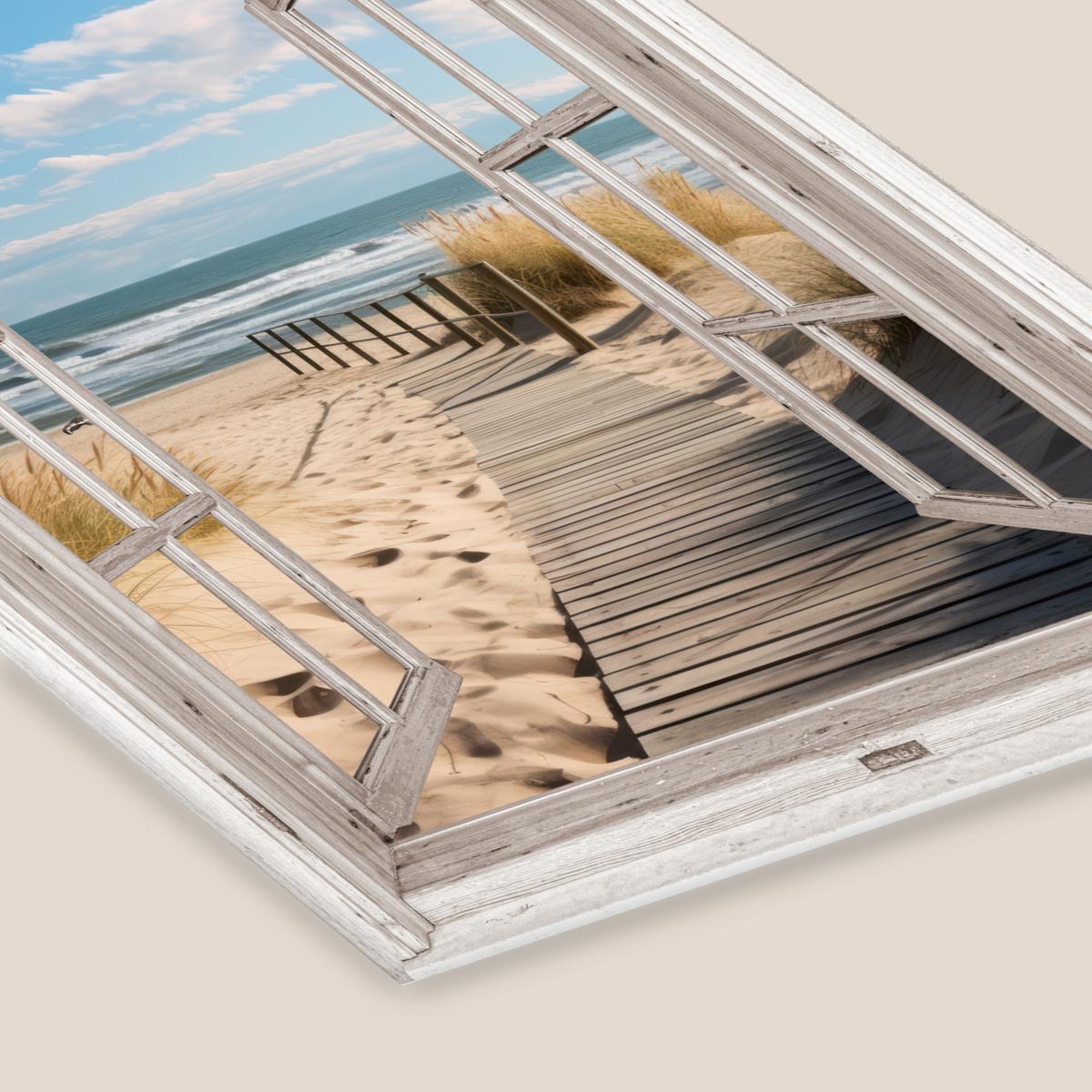 POSTER MIT RAHMENGERAHMTES BILD Fenster - Meer - Küste - Natur - Ausblick - Strand - Wattenmeer Posterleiste 60x80 cm - Beige, Papier (60/80cm) - MuchoWow