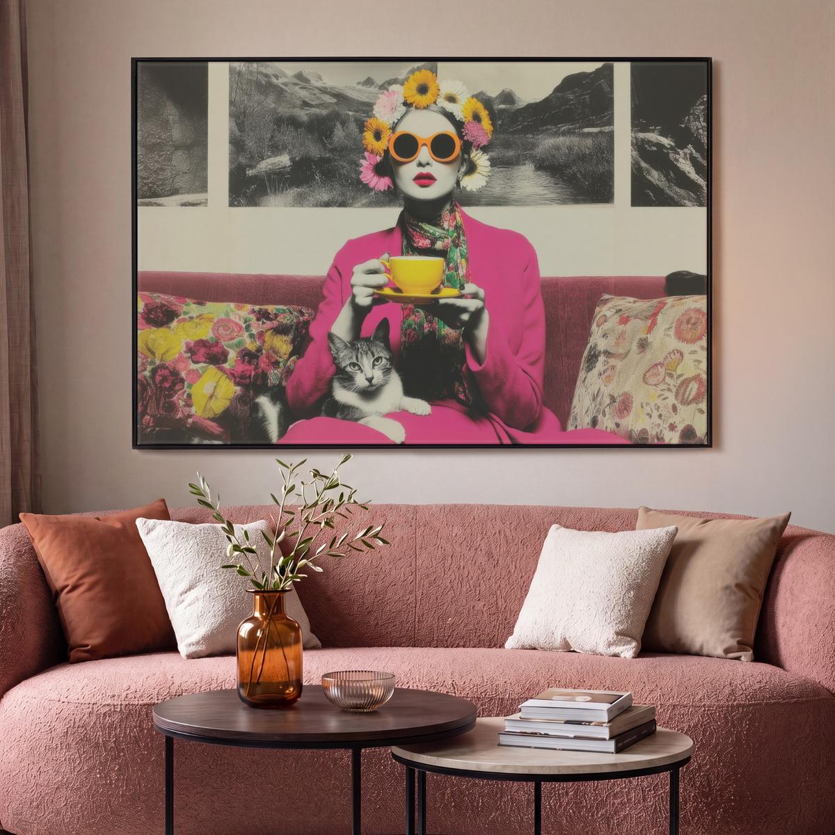 LEINWAND Bilder mit Rahmen - Frau - Katze - Blumen - Tasse - Retro - 140x90 - Magenta, Textil (140/90cm) - MuchoWow