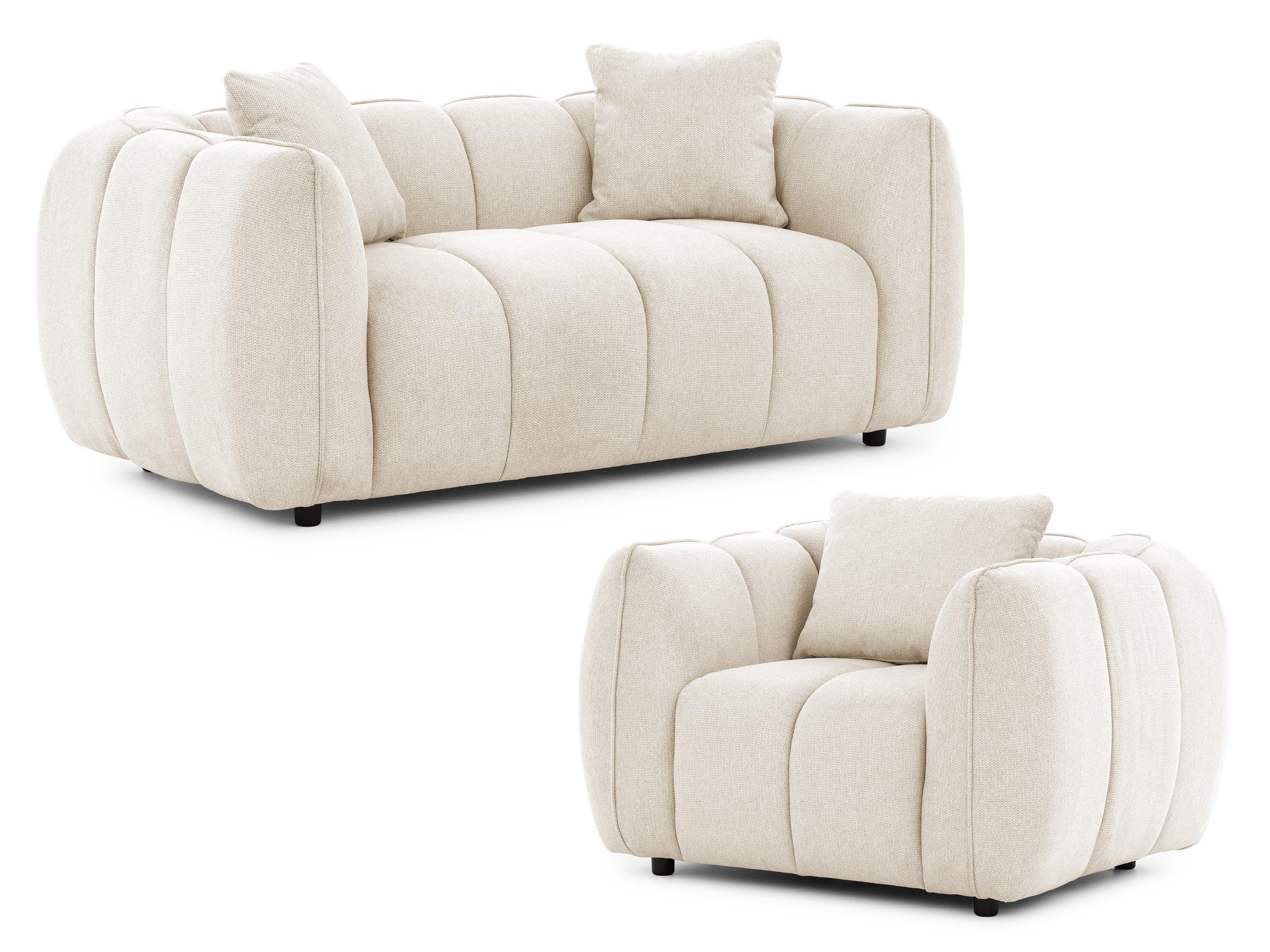 SITZGARNITUR 2+1 Nubira in tief gesteppter Bubble-Optik aus weichem Hellbeige Strukturstoff im modernen Design - Beige/Schwarz, Holz/Kunststoff (172/69/89cm) - S-Style Möbel