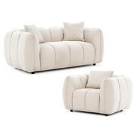 SITZGARNITUR 2+1 Nubira in tief gesteppter Bubble-Optik aus weichem Hellbeige Strukturstoff im modernen Design - Beige/Schwarz, Holz/Kunststoff (172/69/89cm) - S-Style Möbel