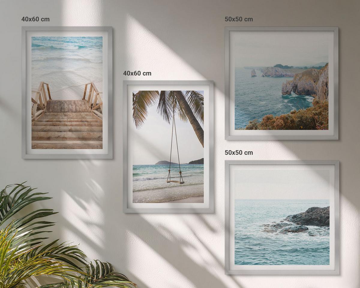 BILDER SET 4er Set - 50x50 cm & 40x60 cm Silberner Rahmen - Treppe, Strand, Meerblick, Schaukel - Silberfarben, Kunststoff (50/50cm) - TULUP