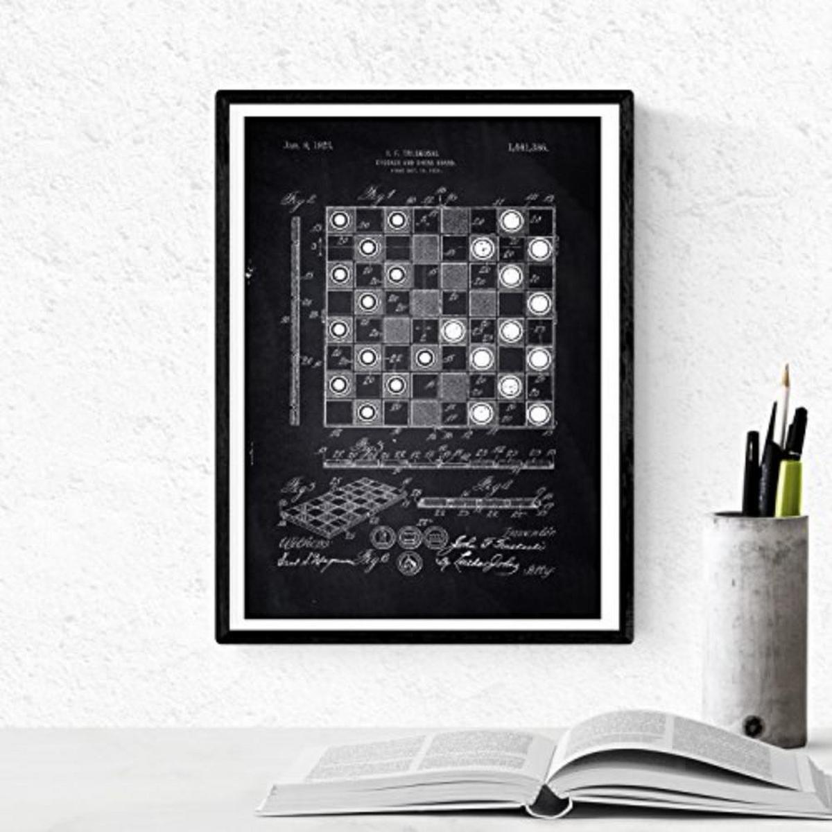 POSTER Set mit 4 Schwarz Brettspiele Patent A4 Schwarzer Rahmen - Schwarz, Papier (29.7/3cm) - Nacnic