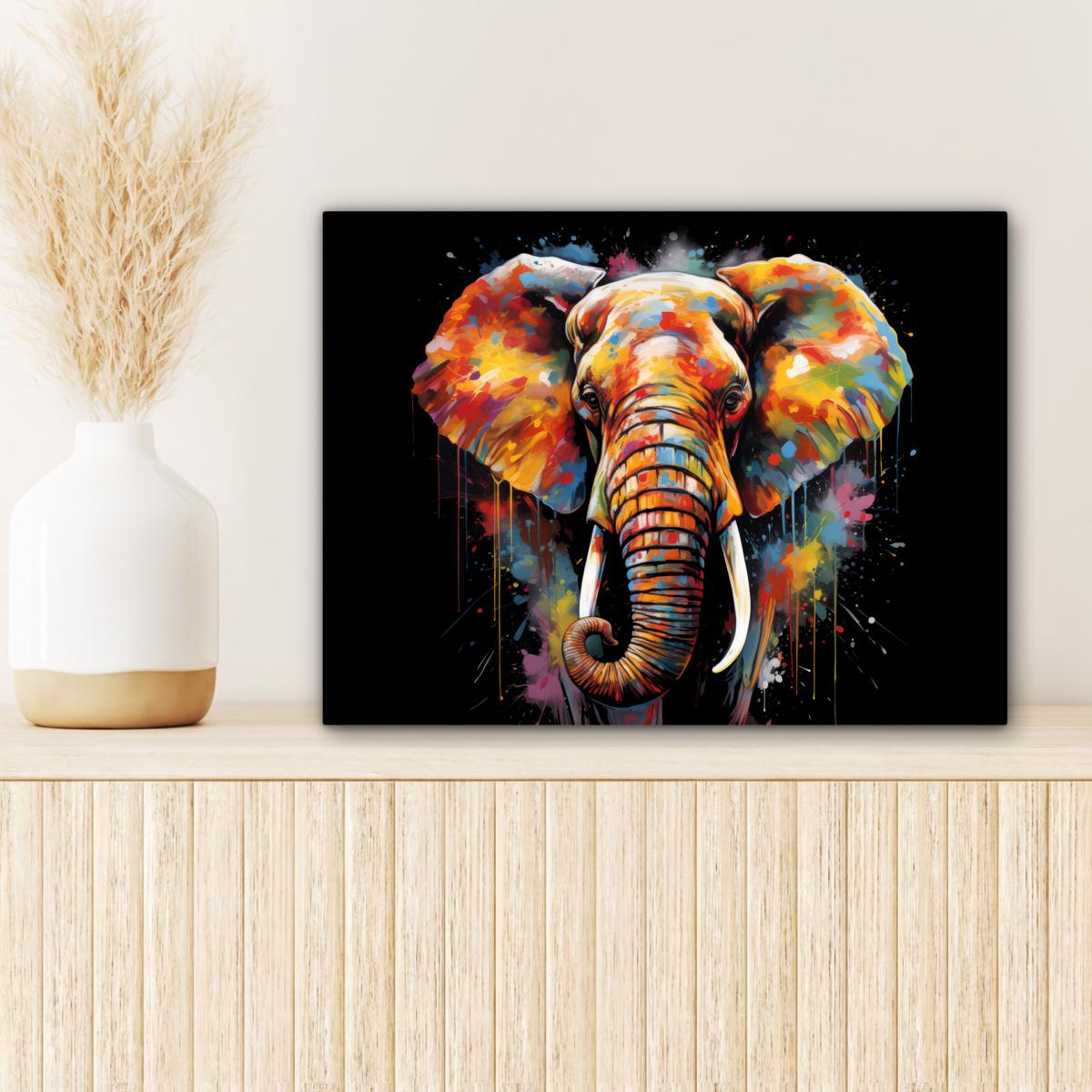 LEINWANDBILD Elefant - Graffiti - Schwarz - Tiere - Farben Wandbild 40x30 cm - Schwarz, Textil (40/30cm) - MuchoWow