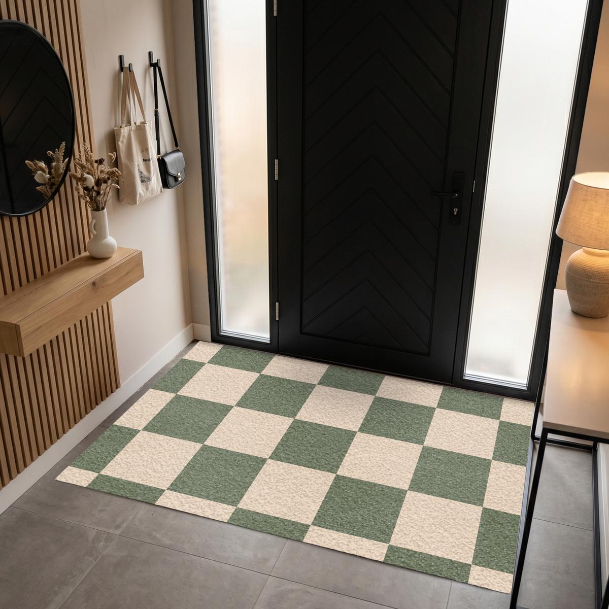 FUSSMATTE Schachbrettmuster - Grün - Beige - Blöcke Flurteppich 180x120 cm - Olivgrün, Kunststoff (180/0.4cm) - MuchoWow